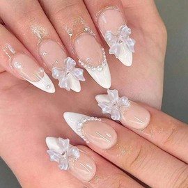 BQZQPAMZ 24pcs Press On Nails Medium Almond With 3D White Bow Rhinestone Design Pearl Gem French Tip Fake Nails Acrylic Artificial Fingernails for Women Nail Art Supplies