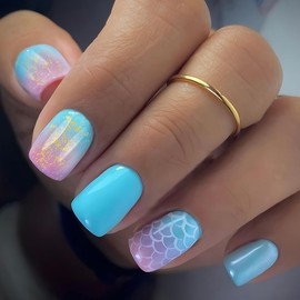 24 Pcs Blue Press on Nails Short Square,MINGCHUN Summer Cute Ombre Fake Nails Press ons Acrylic Nail Art Tip Kit Full Cover False Nails Glue on Nails with Gold Glitter Scales Glossy Design for Women