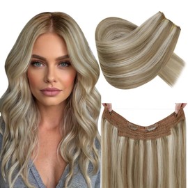 RUNATURE Invisible Wire Human Hair Extensions Highlight Blonde Fish Line Hair Extensions Long Lasting Clip in Wire Hair Extensions One Piece Blonde Remy Human Hair Extensions 12 Inch 70g