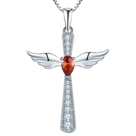YL Cross Necklace 925 Sterling Silver Angel Wings Crucifix Pendant Created Garnet Criss Jewelry for Women