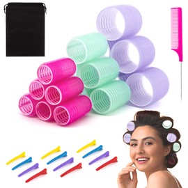 UoQo Hair Rollers for Long Hair, 32 Pcs Salon Hairdressing Curlers Rollers Set for Hair, Random Color Self Grip Hair Roller Kit with 12 Clips 1 Comb and A Large Storage Bag