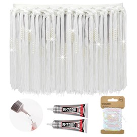 Yhsheen - Borde de flecos blancos con perlas elegantes, borde de flecos de 2 x 9.8 pulgadas de largo por el patio con pegamento B7000, borlas para manualidades para coser ropa cortina