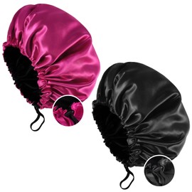 Fuyamp 2 Packs Satin Sleep Cap, Adjustable Silky Sleep Bonnet for Women Long Curly Hair, Double-Sided Waterproof Satin Hair Cap Extra Large Sleep Satin Bonnet for Women Girls Sleeping (Red+Black)