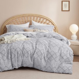 Bedsure Boho Duvet Cover Queen Size - Boho Bedding, Tufted Queen Duvet Cover for All Seasons, 3 Pieces Embroidery Shabby Chic Home Bedding,Comforter Not Included (Light Grey, 90" x 90")