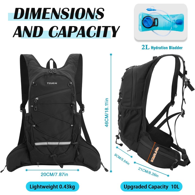 TEUEN 10L Hydration Pack with 2L Hydration Bladder, Ultralight Trail