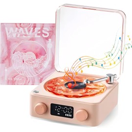 The Waves Bluetooth Speaker, Portable Four Modes Vintage Record Player, Waves Retro Record Player with Adjustable Lights, Sea White Noise for Bedroom, Party (Pinkish)
