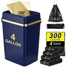 WSBArt Bathroom Trash Can with Lid 4 Gallon Trash Can with Swing Lid Navy Blue Small Garbage Can Bathroom Garbage Can with 300 Counts Trash Bags for Kitchen Bedroom Office