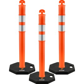44" Delineator Post with Base - 3pk - T Top Orange Traffic Stanchion with 10" Reflective Band - 13 lb Octagonal Rubber Base - Security, Street Safety Cordon, Garage Parking Aid - Xpose Safety
