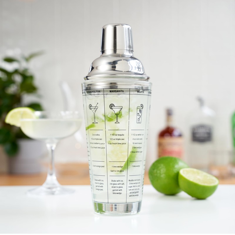 True Glass Cocktail Shaker with 7 Classic Recipes and Measurements