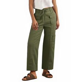 Fisoew Womens 100% Cotton Cargo Pants Drawstring Elastic Waist Casual Hiking Work Pants with Multiple Pockets Army Green