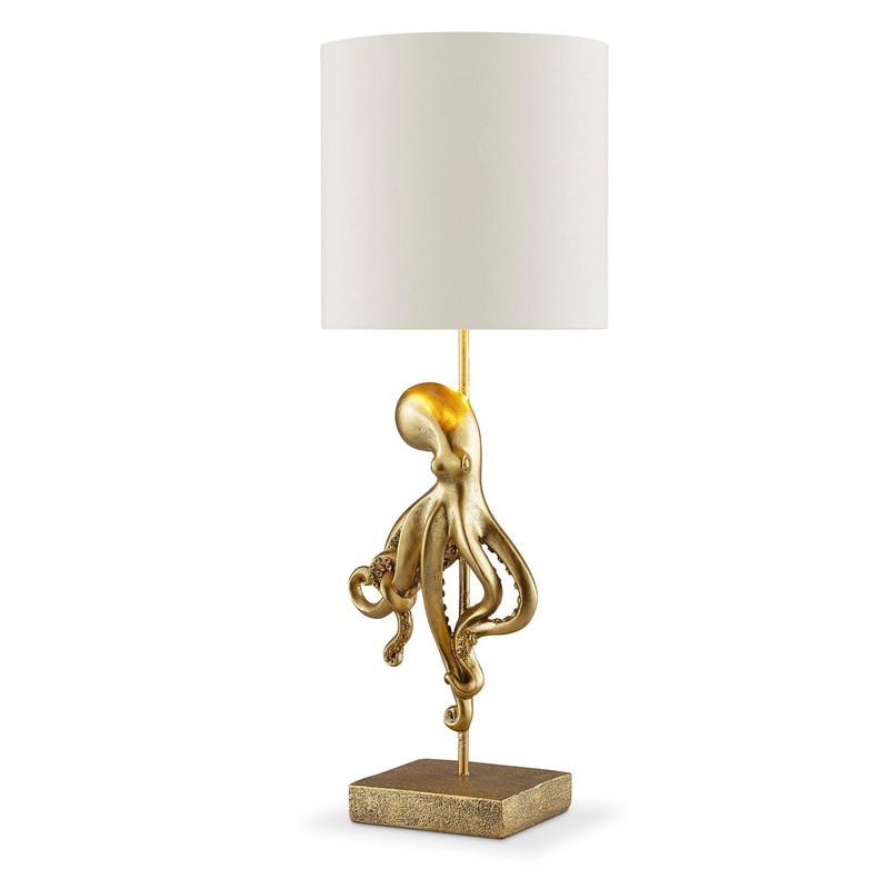 Octopus Table Lamp, Gold Finish, 26 Inches Tall, White Shade