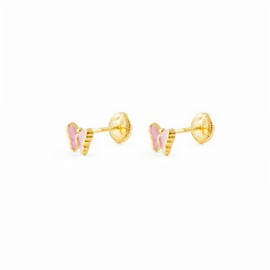Mondepetit - 9ct Yellow Gold Light Pink Enamel Butterfly Children's Baby Girls Earrings shine