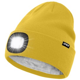 ATNKE LED Lighted Beanie Hat,USB Rechargeable 4 LED Running Headlamp Lined Fleece Cap with Light Gift for Men and Women/#Yellow