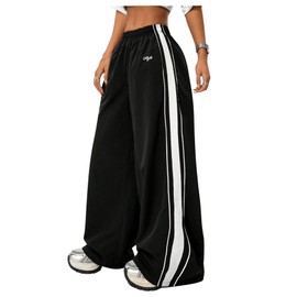 GORGLITTER Women's Wide Leg Sweatpants Baggy Y2k Rave Bottoms Joggers High Waist Striped Loose Swaet Track Pant Trouser Black Medium
