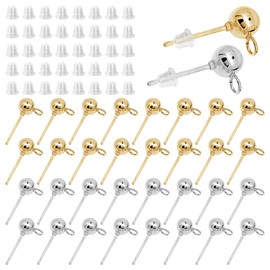 160Pcs Ball Studs for Jewelry Making,Hypoallergenic Ball Earring Studs Round Ball Earring Posts with 200Pcs Clear Earring Backs for DIY Jewelry Making(KC Gold and White K)