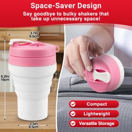 Protein Shaker Bottle Pink Collapsible - Food-Grade, Leakproof Lid 600mL 20oz Pink Shaker - Reusable Silicone Shaker Cups for Protein Shakes