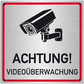 Schilderio Warning Video Surveillance Sign (20 x 20 cm Aluminium Composite) Video Surveillance Warning Sign for Identifying a Camera Surveillance, 3 mm Brushed Aluminium Composite, Includes Drill