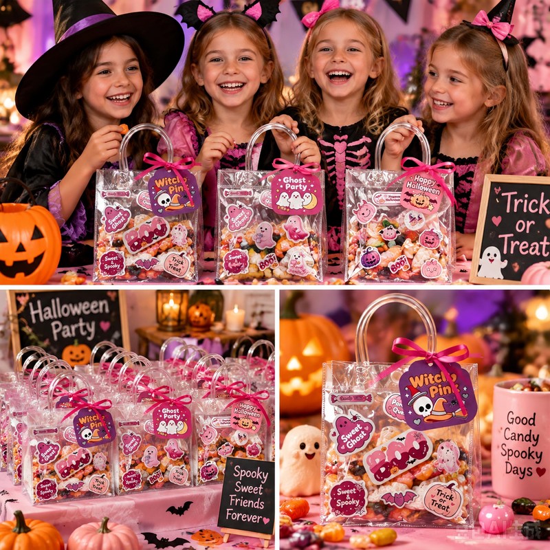 30 Pack PVC Halloween Goodie Bags,Clear Treat Bags with Tags