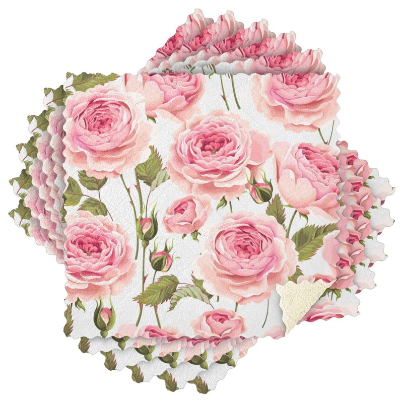 Pink Rose Flower Floral Kitchen Dishcloths, 6 Pack Dish Towels