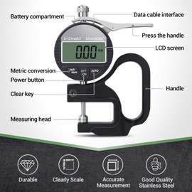 BNISE Digital Thickness Gauge 0.5 inch/12.7mm, 0.0005"/0.01mm, Thickness Meter Metric/inch Paper/Film/Fabric/Tape Thickness Gauge