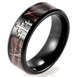 SHARDON Men's 8mm Plating Black Titanium Wedding Ring with Contrasting Engraved Crosses and Brown Camouflage Inlaid Size 9.5