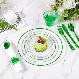I00000 210 Pcs Green Plastic Dinnerware Set for 30 Guests Include: 30 Dinner Clear Green Plastic Plates, 30 Dessert Party Plates, 30 Pre Rolled Napkins with Cutlery Set, 30 Cups for Wedding