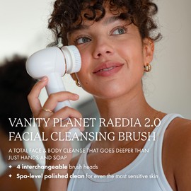 Vanity Planet Raedia 2.0 cepillo para polvo de limpieza facial, 4 cabezales de cepillo para polvo intercambiables, blanco, exfoliante facial de limpieza diaria para piel brillante y propensa al acné, cepillo para polvo corporal de silicona ligero resiste