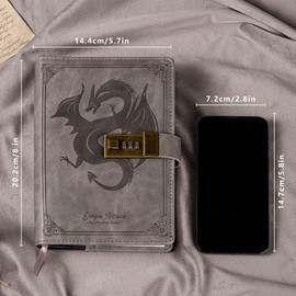 Dragon Leather Journal Notebook, Diary with Combination Lock, Lined/Blank Paper Notebook, B6 Writing Journals Stationery (Grey)