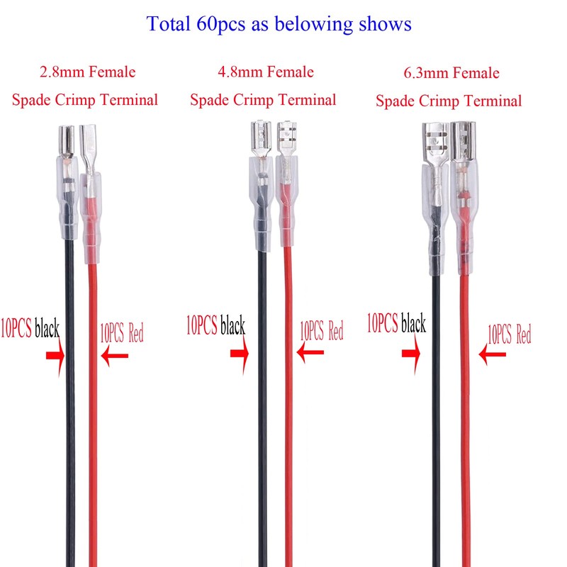 60Pcs 2.8mm 4.8mm and 6.3mm Female Spade Crimp Terminal with