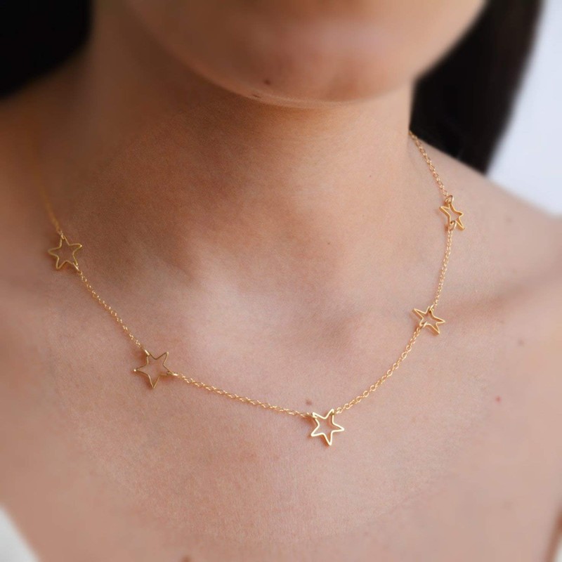 Gold Star Necklace floating locket 5 Stars Chain