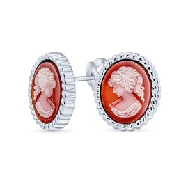 Classic Antique Vintage Style Terracotta Red White Carved Oval Framed Victorian Lady Portrait Cameo Stud Earrings For Women .925 Sterling Silver
