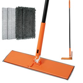 JEHONN Dust Mop for Hardwood Floors, Broom Duster with Unique 90° Foldable Panel, 2 Chenille and 2 Microfiber Pads, Dry Wet Flat Dustmop for Cleaning Vinyl, Laminate, Tile, Marble (Orange)