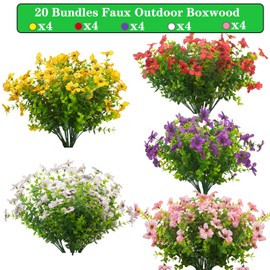 Grunyia 20 Bundles Artificial Flowers for Outdoors, UV Resistant Fake Plants Flowers Greenery Shrubs Plants for Decoration Outside Plants Hanging Planter Home Garden Decor