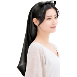 COCOSILK 100% Silk Nightcap for Long Hair, Tubular, Front Tying Ribbon, Black