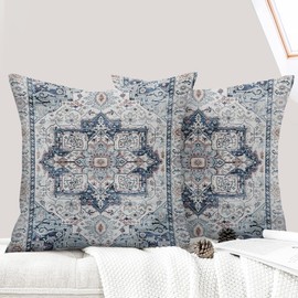 ECZOIL Set of 2 Boho Cushion Covers, 50 x 50 cm, Decorative Cushion Covers, Boho Style, Vintage Decorative Cushion for Living Room, Bedroom, Sofa, Home Decor with Hidden Zip, Vintage Blue