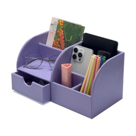 UnionBasic Desk Organizer - Multifunctional Leather Desktop Pen Holder Storage Box - Business Card/Pen/Pencil/Mobile Phone/Stationery Holder, Purple