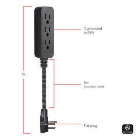 GE Designer 3-Outlet Power Strip, 1 Ft Braided Extension Cord, 3 Grounded Outlets, Flat Plug, Mini Cord, Premium, Black, 45191