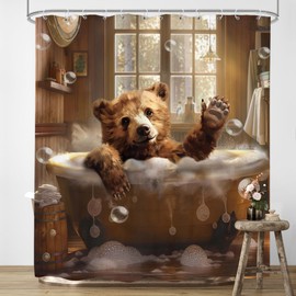 LIGHTINHOME Funny Brown Bear Shower Curtain 60Wx72H Inches Farmhouse Western Rustic Country Wild Animal Bathing in Bathtub Bubbles Cloth Fabric Waterproof Polyester Bathroom Home Decor Set with Hooks