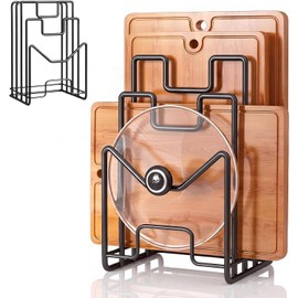 Metal Cutting Board Holder with 4 Compartments Chopping Board Stand Board Holder Kitchen Organizer for Pot Lids, Plates, Spatulas and Baking Trays (Black)