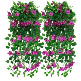 Magrowie Pack of 4pcs Artificial Hanging Bougainvillea Silk Plastic Flower Vines Faux Plant for Indoor Outdoor Home Farmhouse Garden Porch Eave Wall Fence Wedding Party Decor (Violet)
