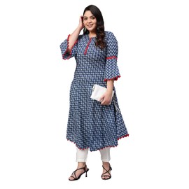 Yash Gallery Kurtis de algodón Cambric estampado acampanado, para mujer, Azul., XXL