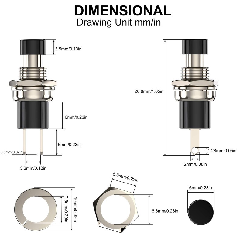 DIYhz Momentary Push Button Switch, 1A 250VAC SPST Mini Pushbutton