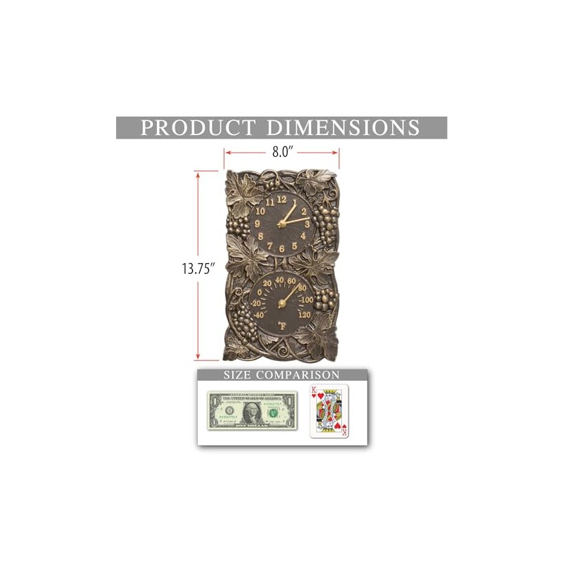 Grapevine Indoor Outdoor Wall Clock & Thermometer Made from Solid