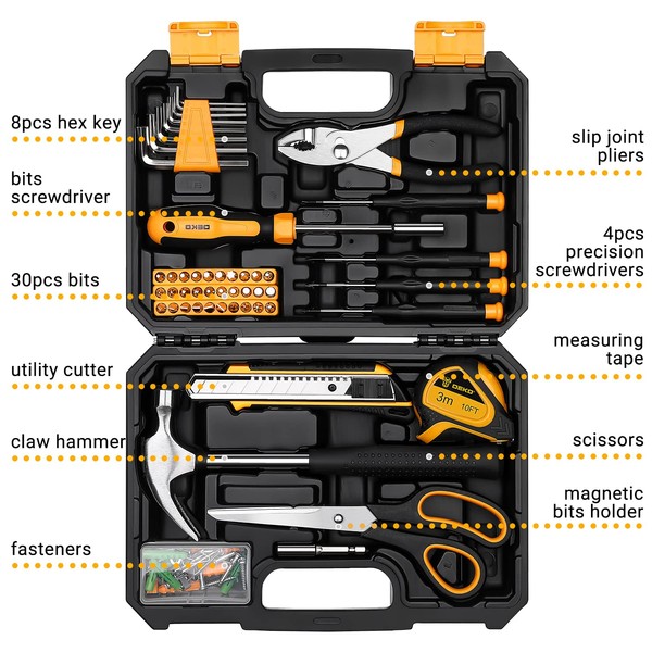 DEKOPRO General Household Hand Tool Kit with Plastic Toolbox Storage Case, All Purpose Home Tool Kit Includes Essential Tools for Office College Repairs, 50 Piece