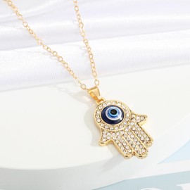 14k Gold Plated Evil Eye Blue Eye Hand Pendant Necklace Cubic Zirconia Colored Eye Pendant Necklace Trendy Adjustable Boho Protection Lucky Protection Everyday Jewelry Christmas gift for Women B