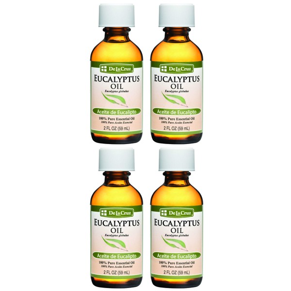 De La Cruz Eucalyptus Essential Oil Aromatherapy for Diffuser or Humidifier, 100% Pure Steam Distilled Eucalyptus Globulus 2 FL OZ (4 Bottles)