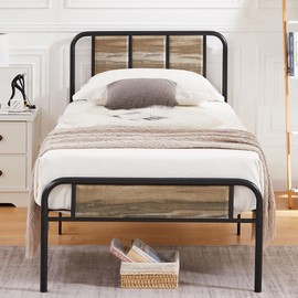 VECELO Twin Size Bed Frame Metal Platform with Wooden Headboard for Kids,Sturdy Steel Slats Support/Matress Foudation/No Box Spring Needed(Grey Slate)