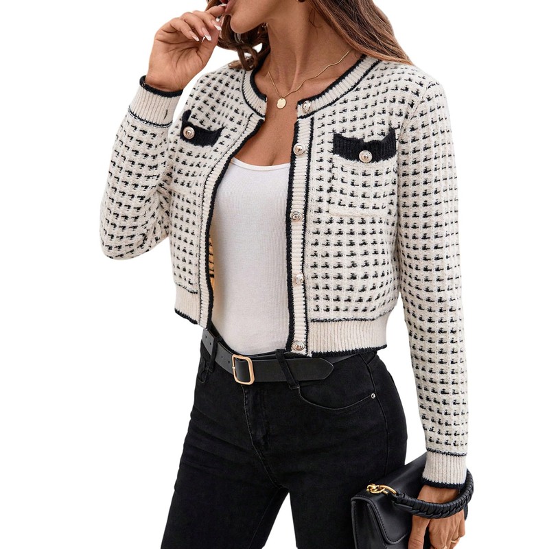 GORGLITTER Women's Checked Cardigan Elegant Cropped Cardigan with Plaid Pattern