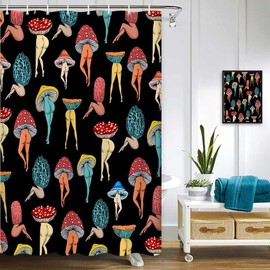 Funny Mushroom Butt Shower Curtain, Fun Cute Sexy Butt 70S 80S Fabric Shower Curtains for Bathroom Hippie Psychedelic Aesthetic Colorful Unique Cool Cloth Black Shower Curtain with 12 Hooks 70X70IN