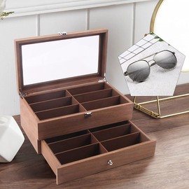 LOYALHEARTDY Wooden Sunglasses Organizer, Unisex 2 Layers 12 Compartments glasses Case, Eyeglasses Storage Box with Clear Glass Top, Smooth Faux Leather Interior